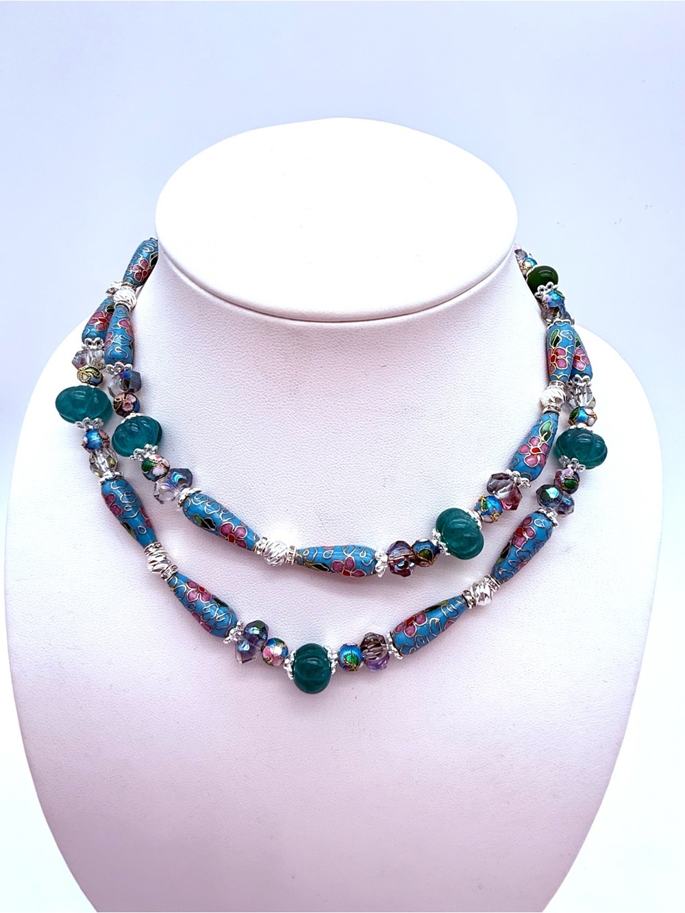 Artisan Cloisonné & Carved Jade Necklace, Bracelet set